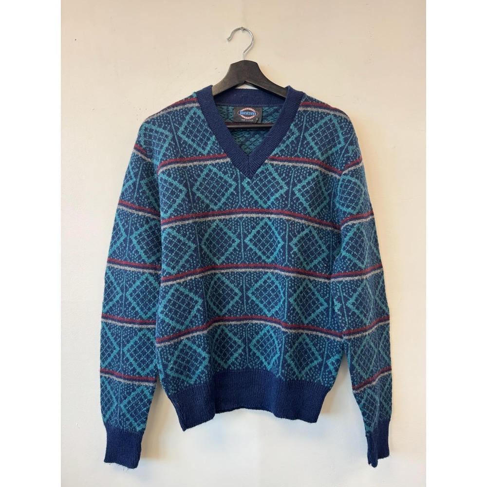 Vintage Jantzen Sweater Mens Small Blue Green V Neck Geometric Made USA 90s‎